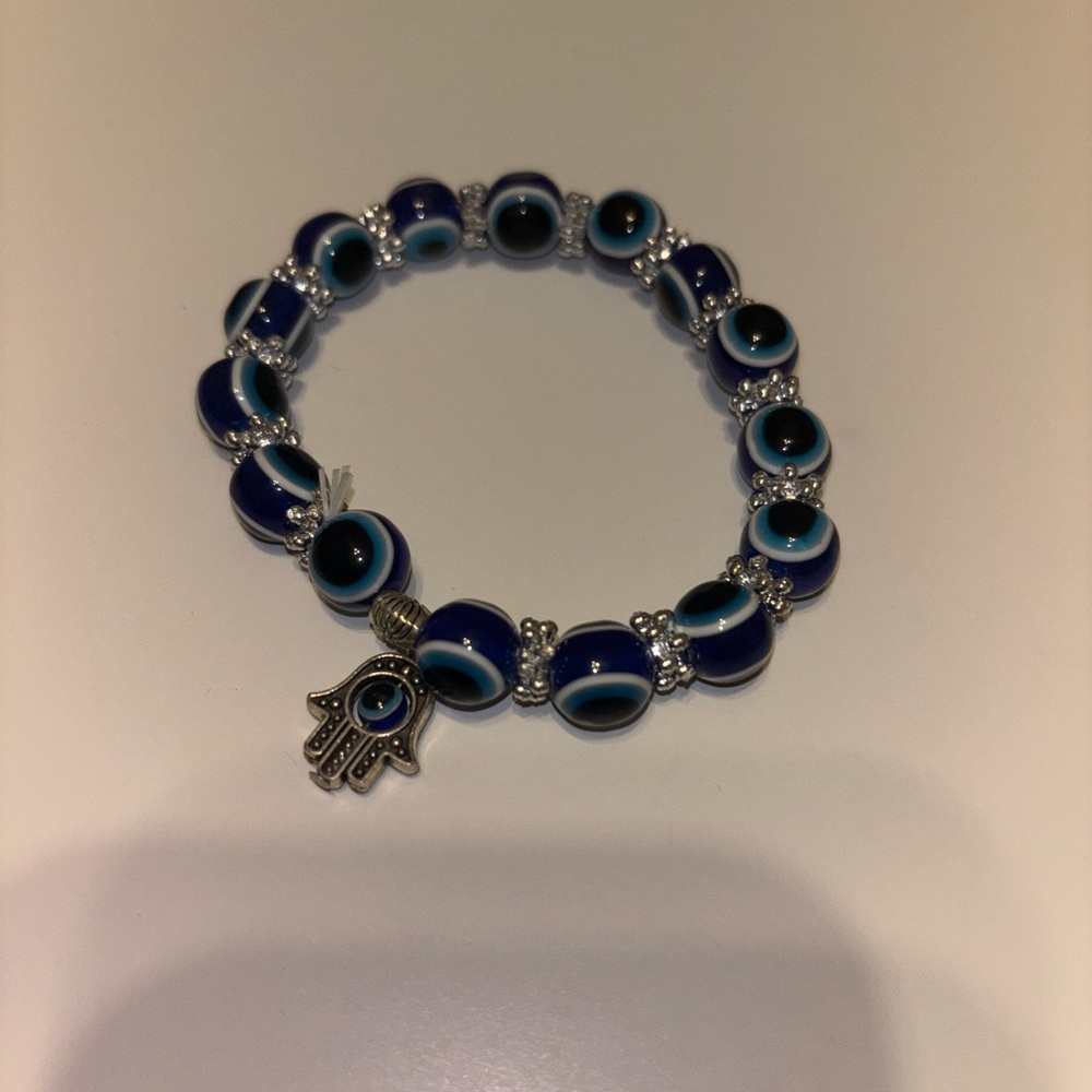 Blue and Silver Beaded Bracelet with Hamsa Charm
